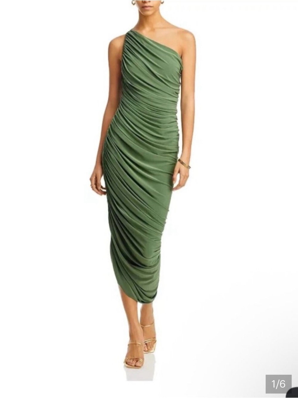 Norma Kamali Diana One-Shoulder Ruched Midi Dress in Olive Green